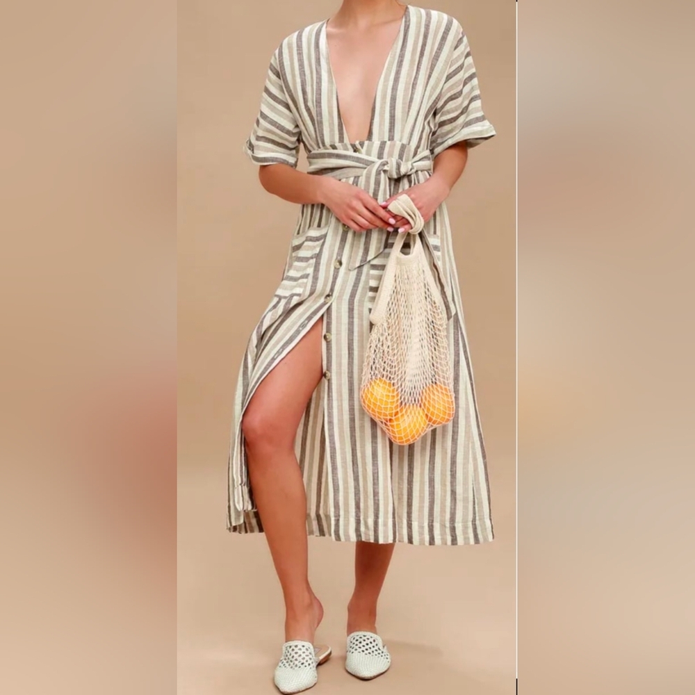 Free People Women's Striped Linen Cotton Dress Midi Deep V Neck Size XS Vacation
